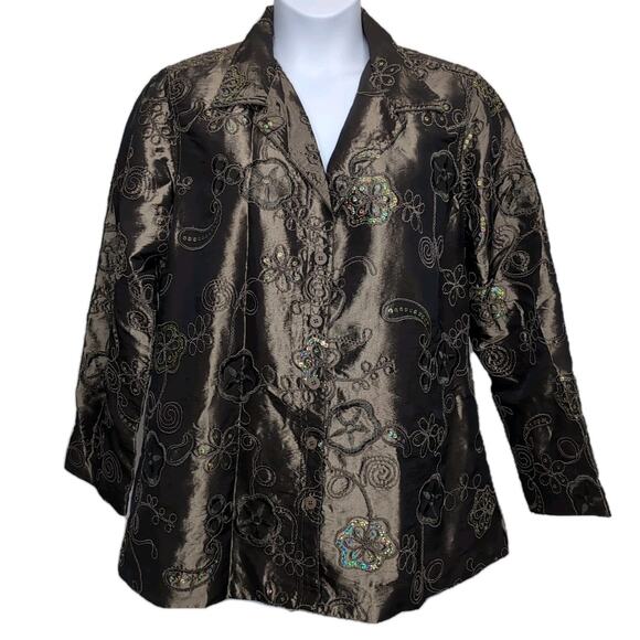 Susan Graver Sequin Embroidered Jacket Women's Plus Size 1X Green/Brown Dressy - Picture 2 of 16